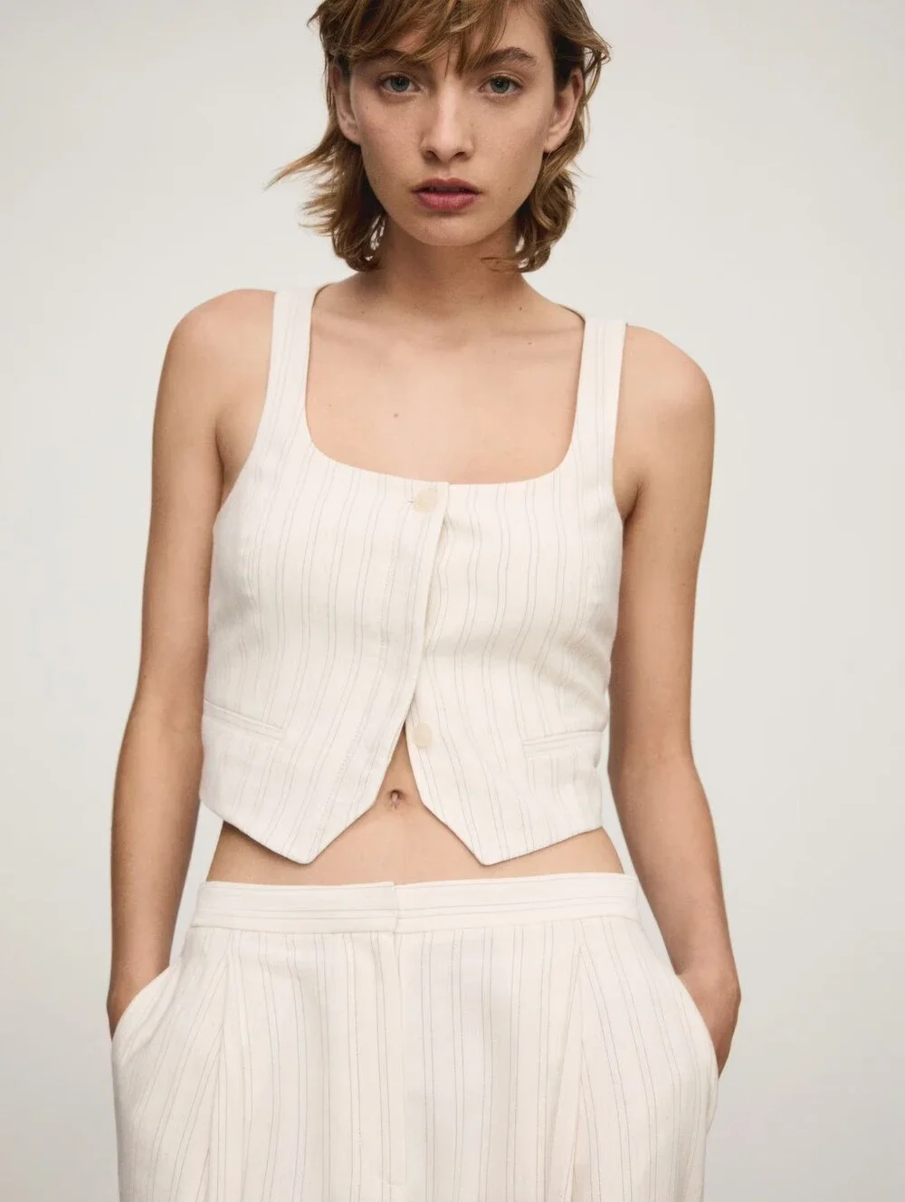 Mango 3 Piece Set Jacket And Vest And Cream Wide-Leg High-Waist Pants